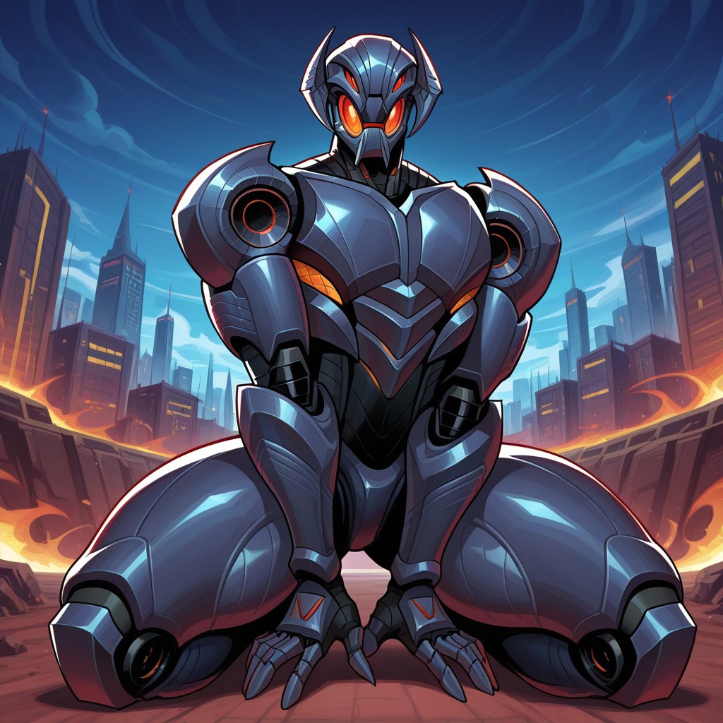 masterpiece, best quality, amazing quality, very aesthetic, absurd res, newest BREAK male focus, male, 1boy, solo, ultr0n, robot, red eyes, thick thighs, wide hips, bottom heavy, full body, kneeling, seductive, dynamic pose