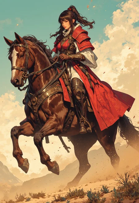 intricate linework with expressive contrasts, soft lighting with dynamic highlights, Impressionistic, ligne claire outlines for clarity and structure, In the style of ff-td, this digital artwork portrays a troupe of asian female fantasy knights, crimson plate armour, bangs, long hair with sidelocks and a high ponytail, riding galloping horses, with armour protecting their heads, across a dusty plain, golden hour, directional lighting