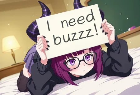 1girl, solo, lying on messy bed with arms slightly outstretched (waiting for embrace), holding small chalkboard sign that reads "I need Buzz" in messy handwriting, top-down camera angle, crumpled white sheets, purple bob cut hair with bangs, lilac eyes, black horn-rimmed glasses, flushed cheeks, oversized black sweater (sleeves covering palms), pleated skirt riding up slightly, knee-high socks, black nails with purple accents, vulnerable expression with pouting lips, warm yellow bedside lamp lighting, floating chalk dust particles, anime style, detailed fabric folds, soft shadows, depth of field (blurred background), official art style, masterpiece, best quality, 8k