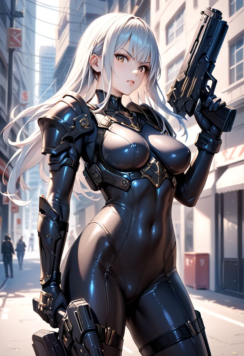 score_9, score_8_up, score_7_up, realistic skin texture, detailed anime, HD32k, sci-fi, 1girl, solo, bangs, on a battlefield in an alen city street, white and black armor, bodysuit, skin tight, holding, holding railgun, firing weapon