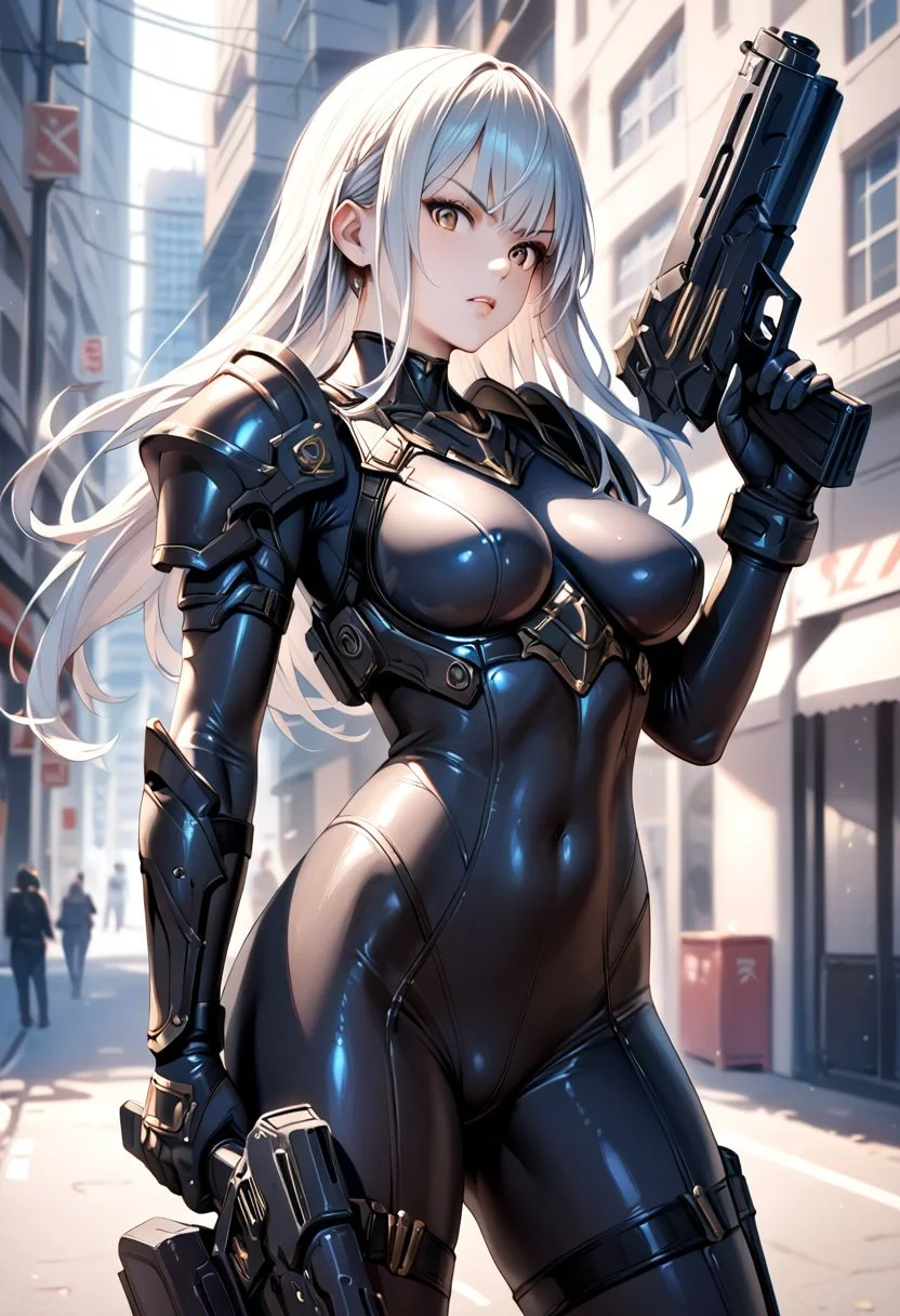 score_9, score_8_up, score_7_up, realistic skin texture, detailed anime, HD32k, sci-fi, 1girl, solo, bangs, on a battlefield in an alen city street, white and black armor, bodysuit, skin tight, holding, holding railgun, firing weapon