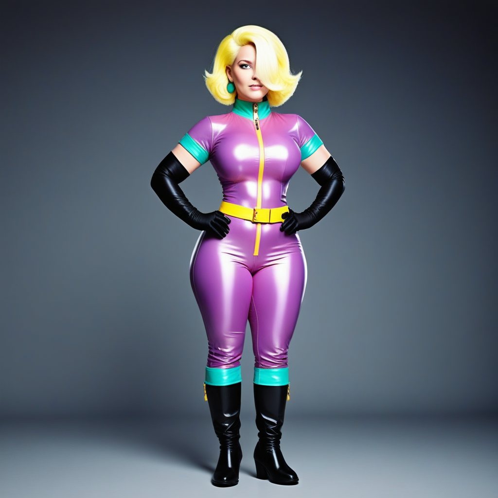 docblight, doctorblight, doctblight, full body shot of a curvy female character standing on the ground, vibrant blonde hair with a small white streak, short voluminous hairstyle, green eyes, skin-tight shiny pink jumpsuit with short sleeves, turquoise collar, long vibrant yellow zipper down to the crotch, yellow belt, turquoise seams, long black gloves, high black boots with turquoise seams and flat soles, retro-futuristic style, confident pose, dark soft purple background