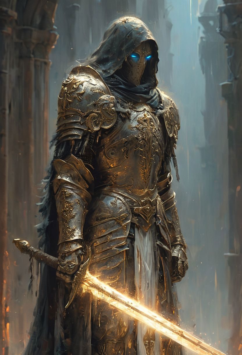 A stunning, highly detailed dark fantasy full body illustration of a proud angelical warrior wearing intricate medieval white HKStyle armor and a grim warrior face, holding a great golden glowing sword, golden and blue glooming eyes, very wide shoulders, wearing big gauntlets, epic composition. The warrior stands heroic with a flowing cloak and white hood during a storm with foggy gloom, thunderclouds in the background. The scene depicts him with brooding emotional agony. style by Greg Rutkowski, by Milo Manara and Russ Mills, with insanely intricate details and textures, gloomy dramatic lighting, 8K resolution
