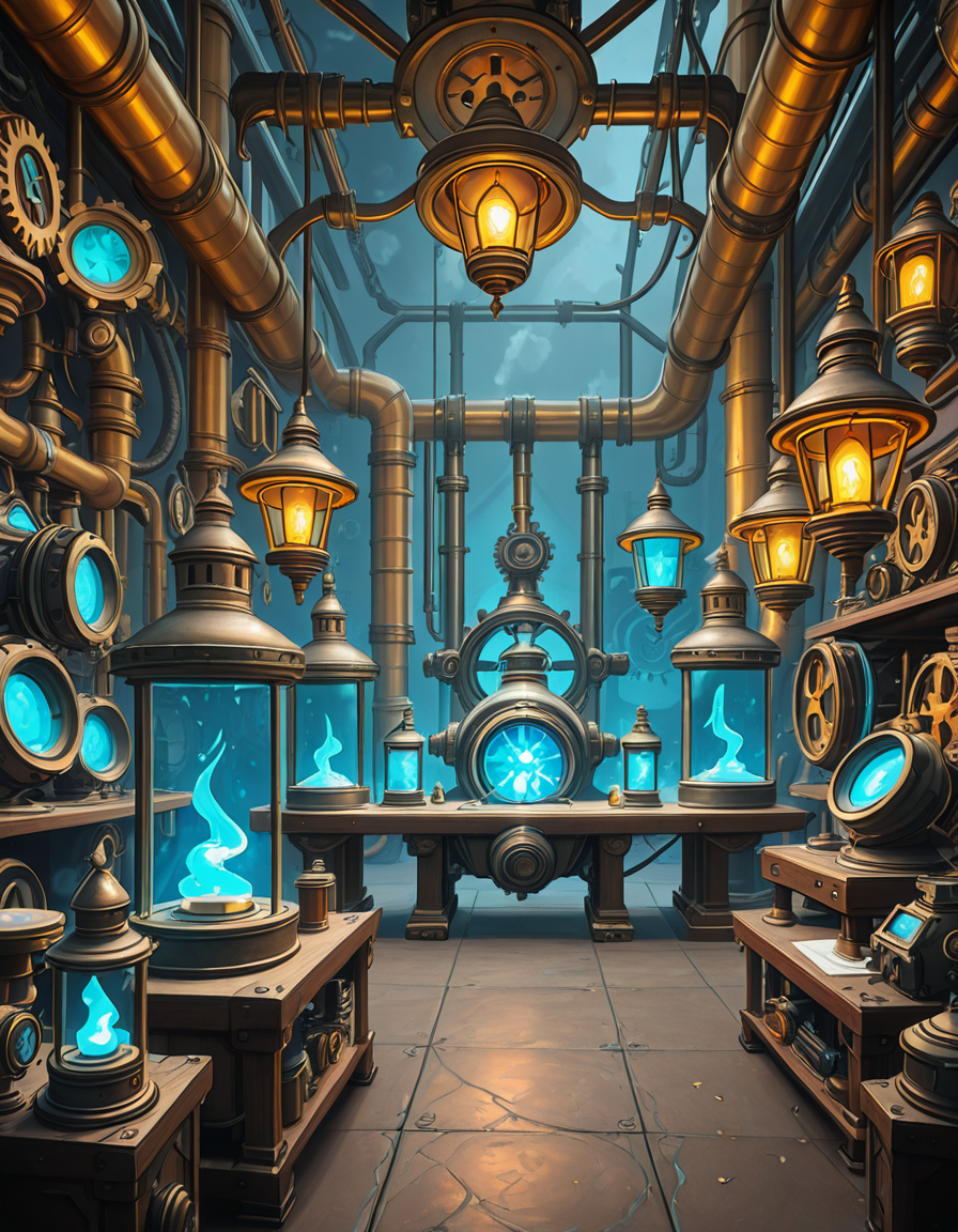 A highly detailed and immersive gnome workshop inspired by World of Warcraft, filled with intricate mechanical devices, glowing gadgets, and arcane-infused machinery. The workshop is cluttered with blueprints, gears, and steam-powered contraptions, creating a vibrant steampunk-fantasy aesthetic. The lighting comes from flickering arcane lamps, neon-colored tubes, and softly glowing mana crystals, casting a warm yet mysterious ambiance. In the background, large brass pipes, rotating cogs, and suspended platforms form a complex, multi-layered workspace. A large workbench at the center is covered with half-finished inventions, from tiny clockwork creatures to experimental energy weapons. The walls are adorned with schematics, tool racks, and magical energy conduits. The atmosphere feels lively, as if gnome engineers have just stepped away from their latest tinkering project, leaving sparks flying and steam hissing from unfinished experiments. The color palette is a mix of vibrant blues, greens, and metallic hues, enhancing the high-tech yet whimsical charm of gnomish engineering.<lora:SDXLFaeTastic2400:0.4> <lora:extremely_detailed:0.4> extremely detailed,gnome w0rksh0p <lora:gnome_w0rksh0p-i:1>, Masterpiece,best quality,hi res,8k,hi res,8k,award winning,(sharp focus, intricate, highly detailed),