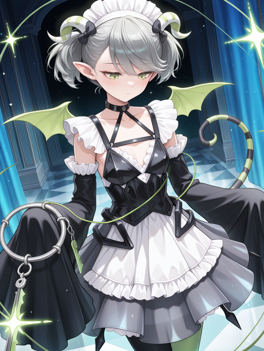 arianna the labrynth servant, 1girl, solo, demon girl, collarbone, indoors, blue curtain, small breasts, looking down, expressionless, white maid headdress, black hair bow, black corset, sparkle, black wide sleeves, white maid dress, mismatched legwear, sleeves past fingers, scar on face, dutch angle, holding keyring, keyring, green floating crystal,
masterpiece,best quality,amazing quality,very aesthetic,absurdres,newest,<lora:Arianne and  Arianna the Labrynth Servant illusXL v1.1:0.75>,