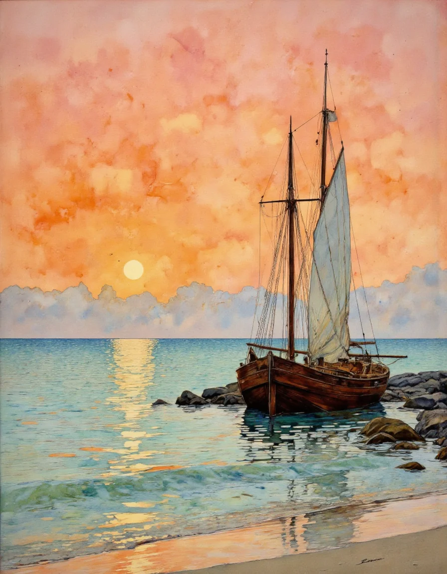 This is a detailed, impressionistic digital painting depicting serene coastal scene at sunset. The background features a gradient sky transitioning from a deep orange near the horizon to a soft pink and blue higher up, with a few scattered clouds. The sun, a bright yellow orb, is partially visible, casting a golden path across the calm, turquoise sea. The sea stretches out to the horizon, reflecting the colors of the sky.
In the foreground, a small wooden boat with two tall masts and white sails is beached on a sandy shore. The boat is slightly tilted to the right, resting on a rocky outcrop. The boat's hull is a rich, dark brown with subtle highlights, and the masts are a lighter brown.
The sandy shore is smooth and light beige, with a few scattered rocks and pebbles. The texture of the water and the sand is meticulously rendered with soft, fluid brushstrokes, capturing the gentle ripples and the smoothness of the beach. The overall mood of the painting is peaceful and tranquil, evoking a sense of calm and solitude.