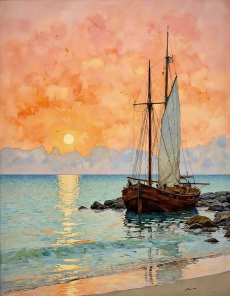 This is a detailed, impressionistic digital painting depicting serene coastal scene at sunset. The background features a gradient sky transitioning from a deep orange near the horizon to a soft pink and blue higher up, with a few scattered clouds. The sun, a bright yellow orb, is partially visible, casting a golden path across the calm, turquoise sea. The sea stretches out to the horizon, reflecting the colors of the sky. 
In the foreground, a small wooden boat with two tall masts and white sails is beached on a sandy shore. The boat is slightly tilted to the right, resting on a rocky outcrop. The boat's hull is a rich, dark brown with subtle highlights, and the masts are a lighter brown. 
The sandy shore is smooth and light beige, with a few scattered rocks and pebbles. The texture of the water and the sand is meticulously rendered with soft, fluid brushstrokes, capturing the gentle ripples and the smoothness of the beach. The overall mood of the painting is peaceful and tranquil, evoking a sense of calm and solitude.