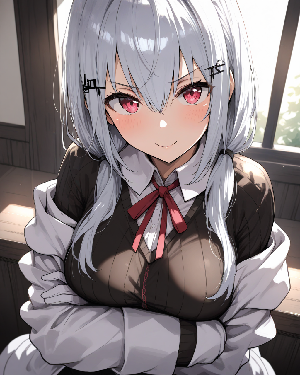 1girl,
HakaseFuyukiNijisanji,
safe, solo, straight-on, upper body,
hairclip,
beautiful eyes,
looking at viewer,
v-shaped eyebrows,
smile,
leaning back,
white jacket, off shoulder,
black sweater, collared shirt,
neck ribbon,
arms under breasts, white gloves,
soft lighting,
depth of field,
<lora:kp_HakaseFuyukiNijisanji1stCostumeAnimagineXL_v1_1:1.0>,
masterpiece, high score, great score, absurdres
