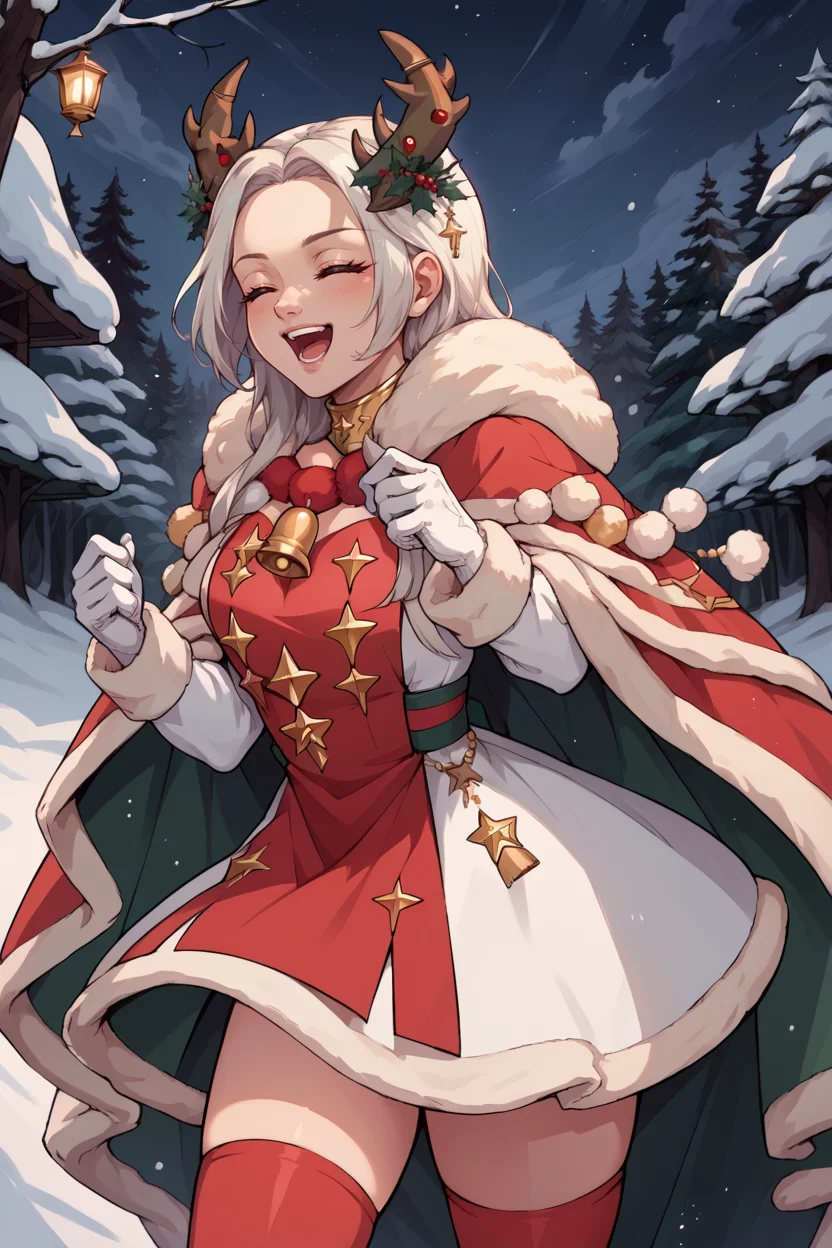 score_9, score_8_up, score_7_up, score_6_up, source_anime, BREAK 1girl, solo <lora:edelgard-pdxl-nvwls-v1:1> xmasEdel, antlers, fur-trimmed cape, gold choker, white dress, red tabard, white gloves, red thighhighs, happy, open mouth, closed eyes, forest, night sky, snow, winter, holding bell