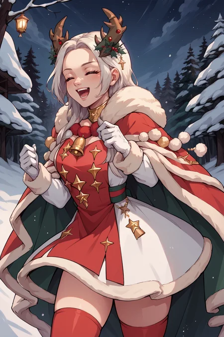 score_9, score_8_up, score_7_up, score_6_up, source_anime, BREAK 1girl, solo <lora:edelgard-pdxl-nvwls-v1:1> xmasEdel, antlers, fur-trimmed cape, gold choker, white dress, red tabard, white gloves, red thighhighs, happy, open mouth, closed eyes, forest, night sky, snow, winter, holding bell