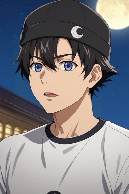 score_9, score_8_up, score_7_up, , rating_safe, , anime screencap, anime coloring, official style, looking at viewer, , 1boy, solo, male focus, <lora:yukiteru_amano_pony:0.8>, yukiteru_amano, black hair, blue eyes, short hair, hair between eyes, profile, disneyland, night, crescent moon, arms up, open mouth, crewneck, flat cap, <lora:sdxl_lightning_8step_lora:1>