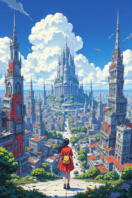 high-tech city beautiful anime landscape, cloudy sky, woman, very intricate, very detailed, sharp, bright, colorful, <lora:Hand v2:0.5> <lora:Anti-Blur:1><lora:Insane Detail Slider:0.25> <lora:flux.1_lora_flyway_Epic-detail_v2:0.3> <lora:fluxenhancer:0.25> <lora:ROWER:0.6> <lora:Surreal Anime - 3k steps:0.6>