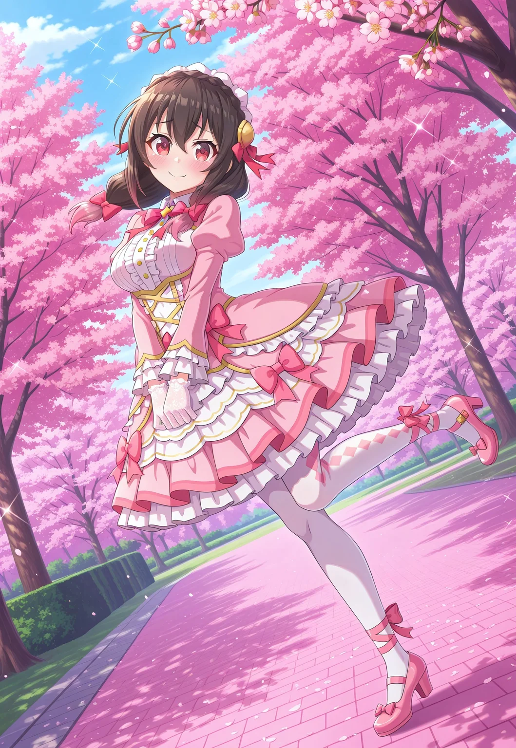konofan, 1girl, yunyun \(konosuba\), long hair, crown braid, low twintails, hair bows, two-tone hair, gradient hair, multicolored hair, pink highlights, pink tips, masterpiece, best quality, absurdres, medium breasts,
(pastel theme, lolitafashion:1.2), pastel lolitafashion, sweet lolitadress, shiny lolitadress, victorian dress, kawaii, cute, puffy padded dress, petticoat, puffy sleeves, pastel colors, pastel pink, pastel blue, frilled wide skirt, white pantyhose, pastel dress, puffy sleeves, lace gloves, pastel headdress, many bows, multiple bows, ribbons, frills, frilled fabric, center frills, sparkles, glitter, cute lolitashoes, leg ribbon,
outdoors, nature, park, cherry blossom trees,
solo, from side, standing on one leg, full body, dynamic pose, dutch angle, looking at viewer, v arms, smile, embarrassed, blushing,
intricate, highly detailed, majestic, shallow depth of field, movie still, circular polarizer