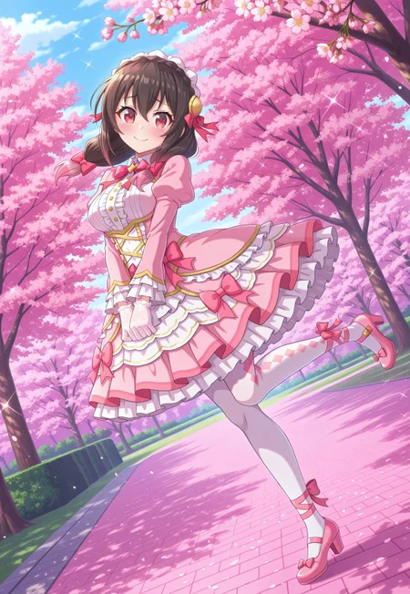 konofan, 1girl, yunyun \(konosuba\), long hair, crown braid, low twintails, hair bows, two-tone hair, gradient hair, multicolored hair, pink highlights, pink tips, masterpiece, best quality, absurdres, medium breasts,
(pastel theme, lolitafashion:1.2), pastel lolitafashion, sweet lolitadress, shiny lolitadress, victorian dress, kawaii, cute, puffy padded dress, petticoat, puffy sleeves, pastel colors, pastel pink, pastel blue, frilled wide skirt, white pantyhose, pastel dress, puffy sleeves, lace gloves, pastel headdress, many bows, multiple bows, ribbons, frills, frilled fabric, center frills, sparkles, glitter, cute lolitashoes, leg ribbon,
outdoors, nature, park, cherry blossom trees,
solo, from side, standing on one leg, full body, dynamic pose, dutch angle, looking at viewer, v arms, smile, embarrassed, blushing,
intricate, highly detailed, majestic, shallow depth of field, movie still, circular polarizer