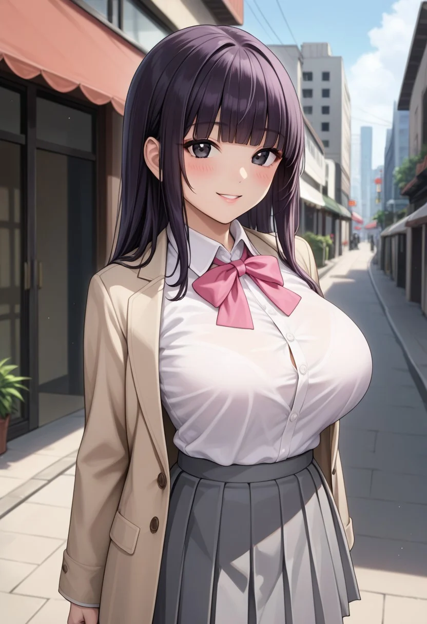 score_9, score_8_up, score_7_up, source_anime,
detailed eyes, eye reflection,
japanese girl,
black eyes, (purple eyes:0.8),
black hair, (purple hair:0.8), long hair, blunt bangs, hime cut,
huge breasts,
beige blazer,
white shirt, collared shirt,
pink ribbon, neck ribbon,
gray skirt, pleated skirt,
black socks, kneehigh socks,
outdoors,
1girl, blush, smile,