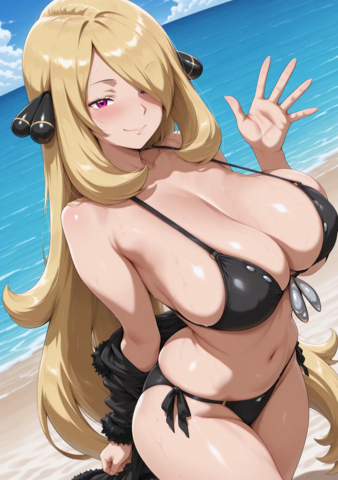 masterpiece,best quality,amazing quality,beach,smile,netostyleb,
1girl,looking at viewer,bikini,<lora:netostyleb:1>,smile,waving,cynthia \(pokemon\),