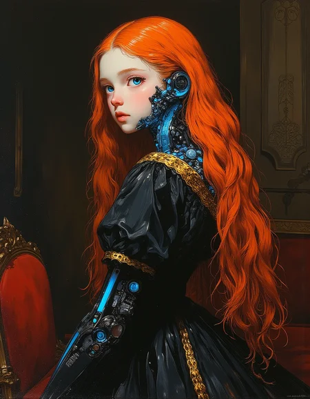 oil painting, cute, eyelashes, pure white skin, long red hair, petite teen android girl, innocent, robotic body, a blue glow emanating from her robotic joints, porcelain skin, pale skin, white skin, wearing an ornate black and gold 1700s dress, proud look, standing in a Victorian sitting room, petite body, blue eyes, pretty girl, vivid colors, brush stroke, lovely, del1cate_balance style, in the style of Rembrandt, vantablack <lora:style_of_Rembrandt_FLUX_135:.8> <lora:- Flux1 - vanta_black_V2.0:.6> <lora:Delicate_Balance:.3> <lora:neeeg_f1:-1> <lora:CPA:.8>