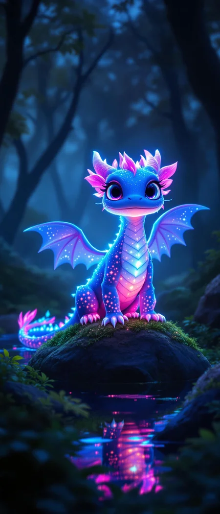A Pixar-style medium shot of a nocturnal forest with a shadowy atmosphere. The forest is illuminated by a neon glow from a fantastical, ethereal dragon with translucent scales. The dragon's scales shimmer with a blend of vibrant pink and electric blue, casting an otherworldly light upon the surrounding foliage. The dragon has large, expressive eyes filled with innocent curiosity and delicate wings that resemble gossamer fabric. The dragon's body is adorned with tiny, sparkling dots that dance and flicker. The dragon stands atop a mossy, luminescent rock, and its reflection shimmers in the dew-kissed undergrowth. The contrast between the dragon's radiant colors and the deep, inky blackness of the forest creates a breathtaking visual spectacle.