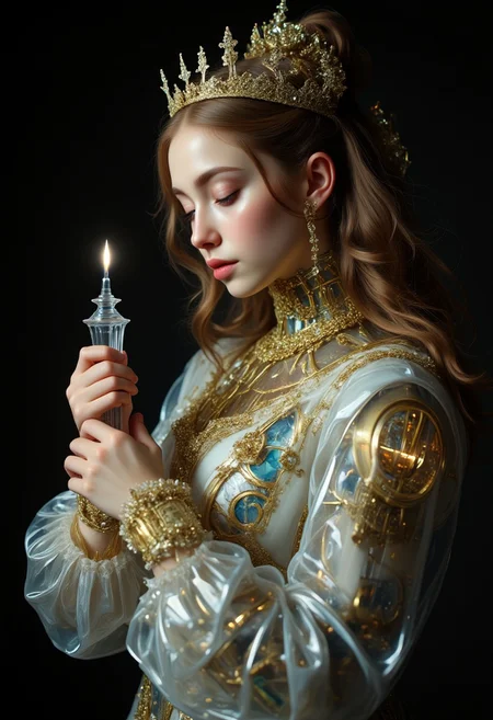ajspctrbot. A surreal oil-painting style portrait of a baroque-inspired robot figure, its translucent porcelain skin revealing golden and ivory inner mechanisms. Flowing ornament-like wiring runs beneath the surface. The scene is lit dramatically with chiaroscuro, as if painted by a digital Caravaggio.