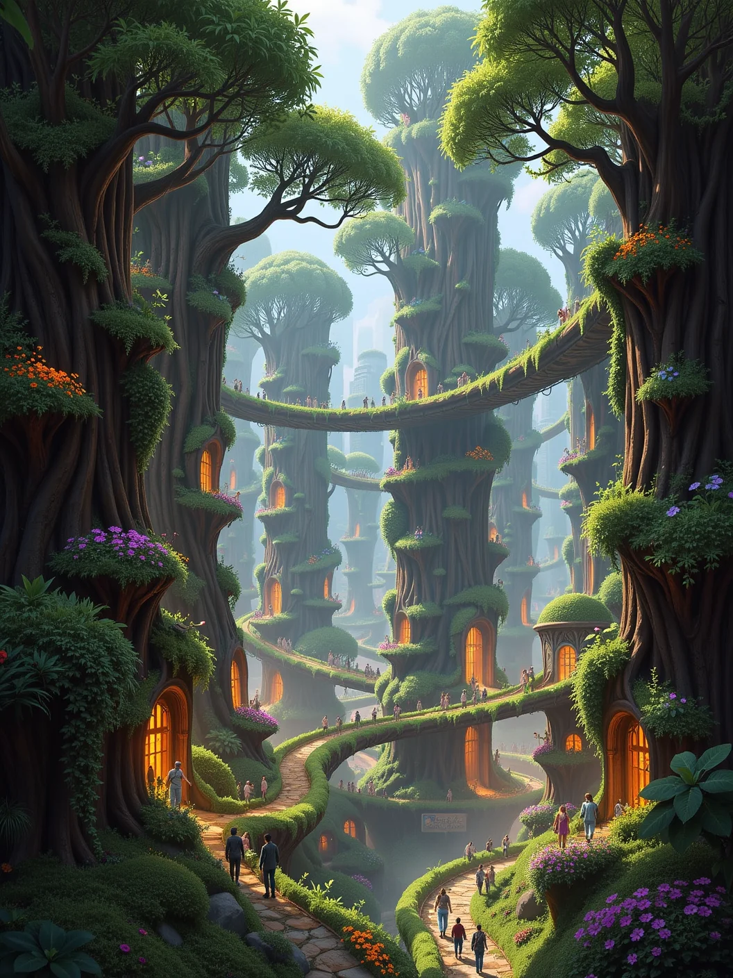 A city where buildings grow like trees. Towering skyscrapers with bark-like surfaces and glowing leaves at the top, their branches stretching out to form natural bridges between structures. The ground-level streets are covered in soft moss and flowers, while the upper levels bloom with bioluminescent plants. People walk along organic pathways that twist and grow like vines, the entire city alive and breathing. A harmonious blend of architecture and nature, futuristic yet organic.