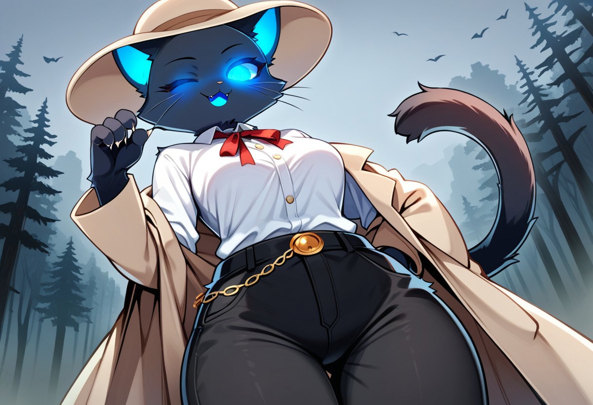 score_9, score_8_up, score_7_up, furry, 1 girl, cat girl, black fur, beige coat, beige hat, black pants, white shirt, blue eyes, blue mouth, outdoors, one eye closed, red neck ribbon, hip chain, ears through hat, glowing eyes, low angle view, dead trees, fog, no leaves, gray sky