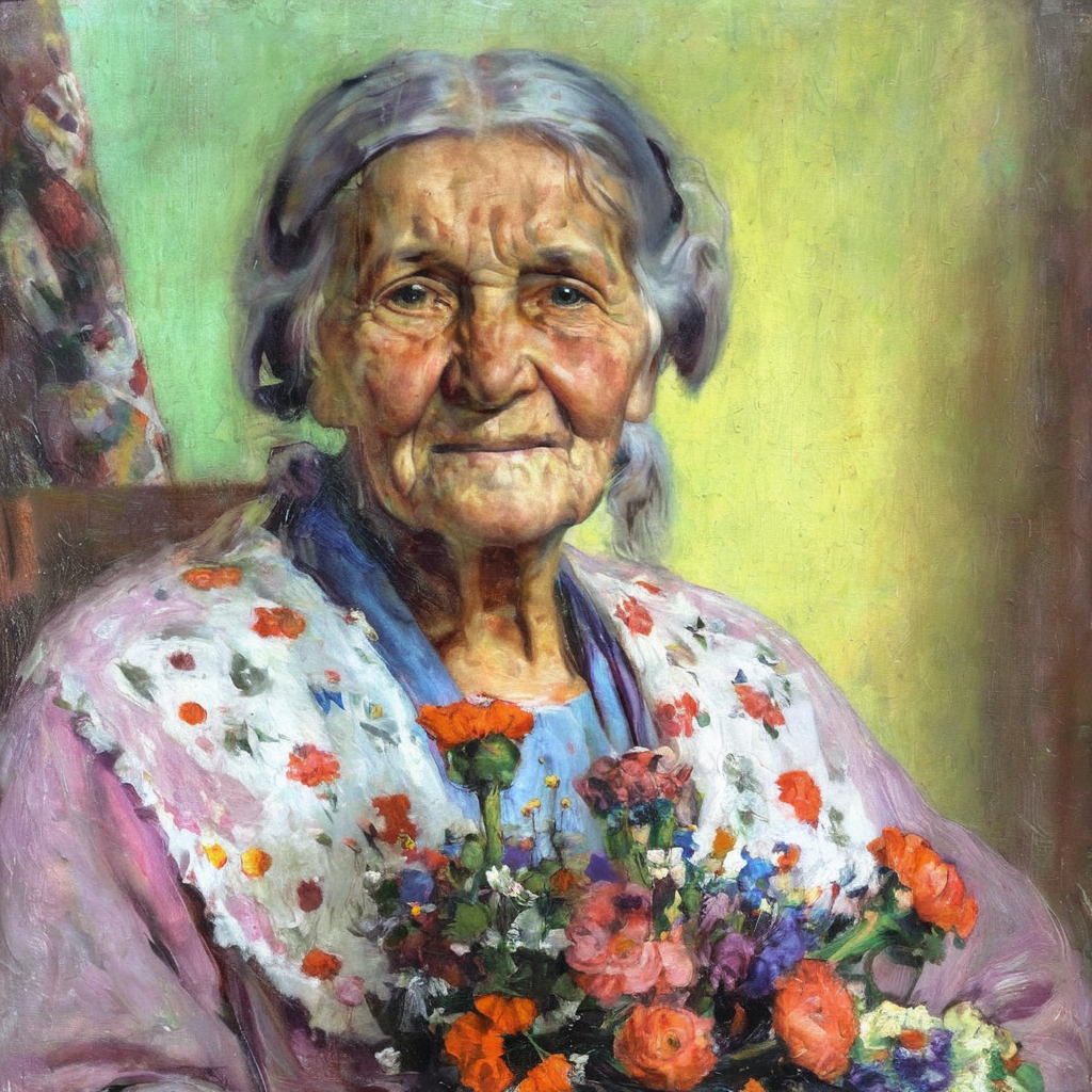 barbacki professional portrait of an old woman with a bouquet of flowers<lora:barbacki:1>