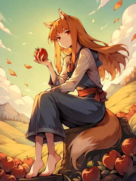 score_9, score_8_up, score_7_up, score_6_up, score_5_up, <lora:HoloXLP:1> holo, 1girl, wolf ears, long hair, solo, red eyes, ginger hair, wolf tail, apple, barefoot
