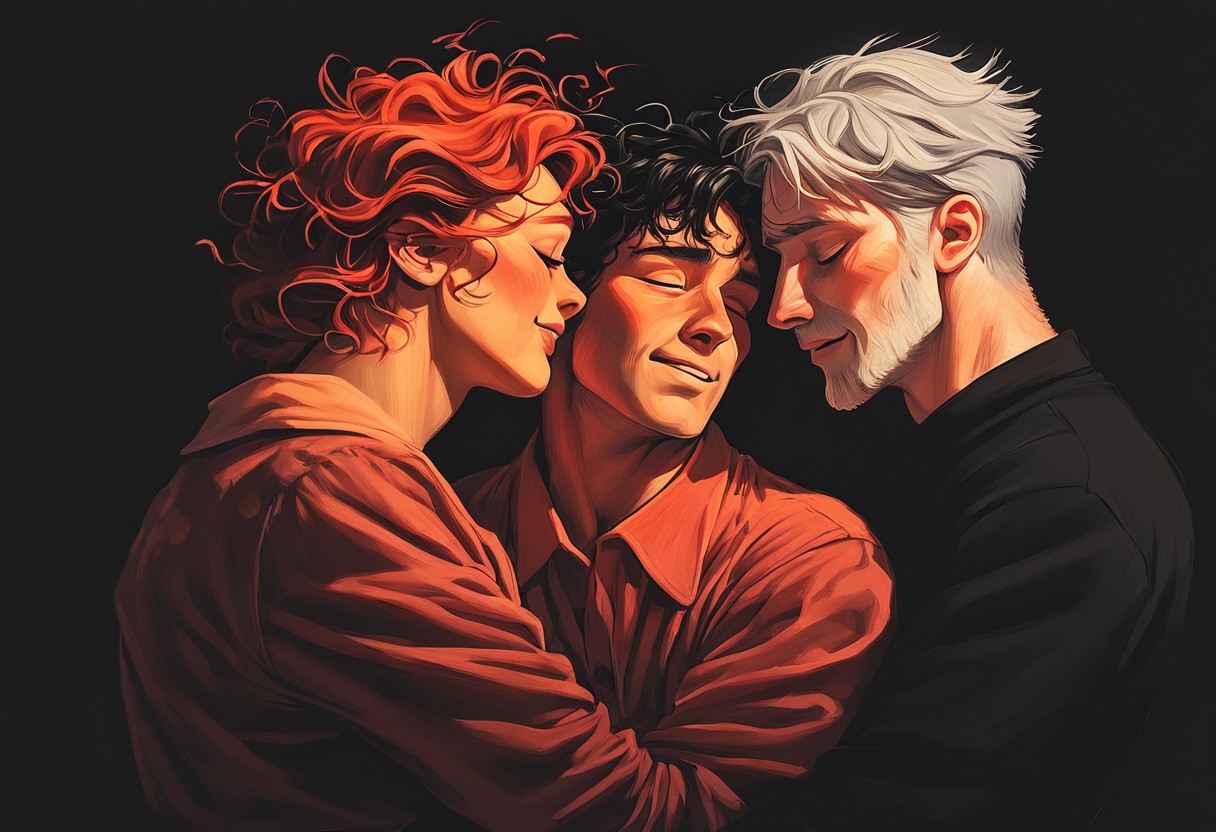 score_9, score_8_up, score_7_up, score_6_up, (1man 1woman  and 1man), (romantic group of three adults hugging:1.9), warm color palette,  side view,, s1_dram, ncpy13 style, pastels drawing. 
1woman, the woman is 40 years old, (chubby body:1.2), long messy hair, red hair, beautiful, dark background, , in pajamas.
1man one man is 40 years old with pudgy body, man with gray hair, happy, pleasure, in pajamas
1man another man is 30 years old with athletic body, man with black hair, no beard, happy, pleasure, in pajamas
