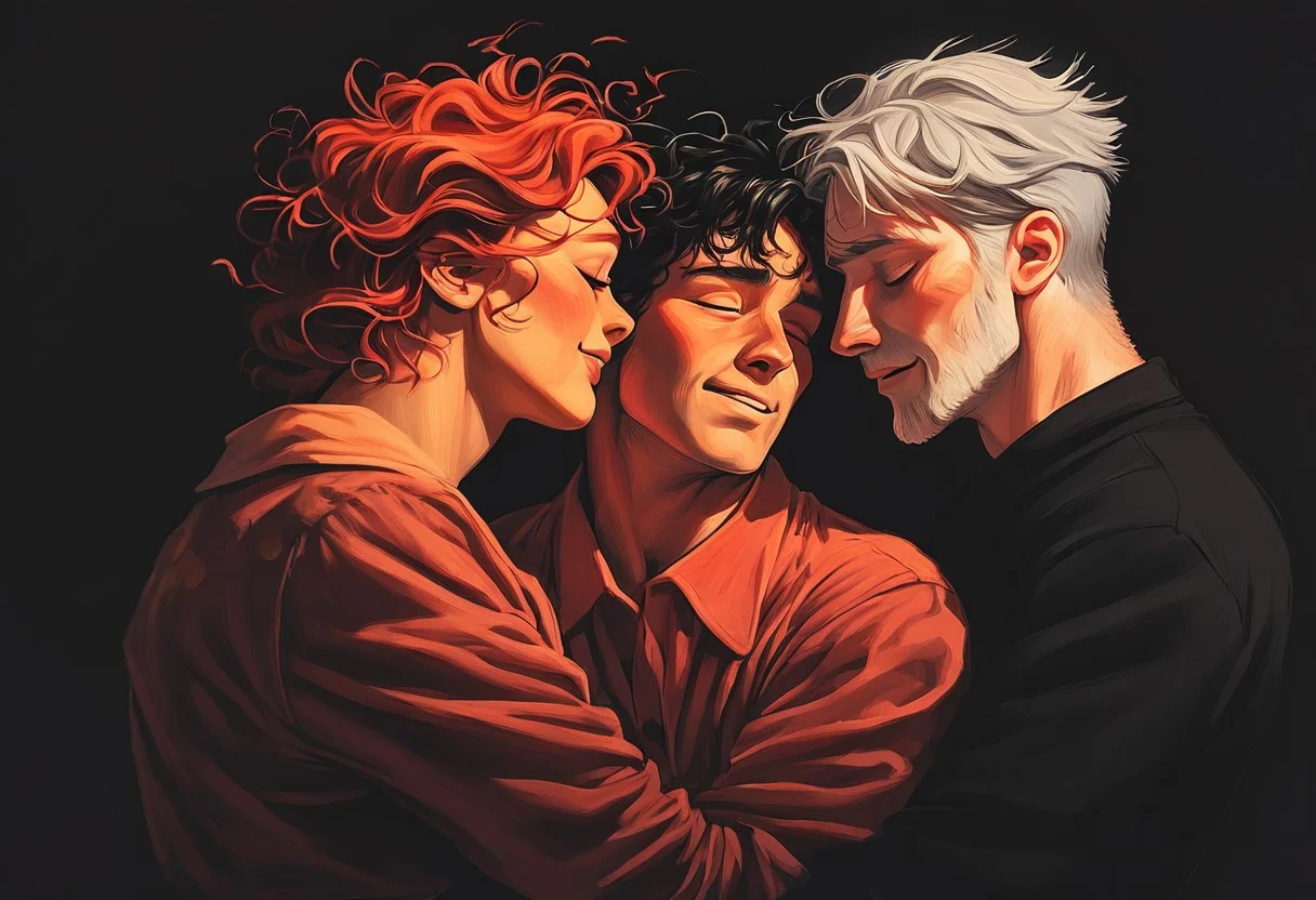 score_9, score_8_up, score_7_up, score_6_up, (1man 1woman and 1man), (romantic group of three adults hugging:1.9), warm color palette, side view,, s1_dram, ncpy13 style, pastels drawing.
1woman, the woman is 40 years old, (chubby body:1.2), long messy hair, red hair, beautiful, dark background, , in pajamas.
1man one man is 40 years old with pudgy body, man with gray hair, happy, pleasure, in pajamas
1man another man is 30 years old with athletic body, man with black hair, no beard, happy, pleasure, in pajamas