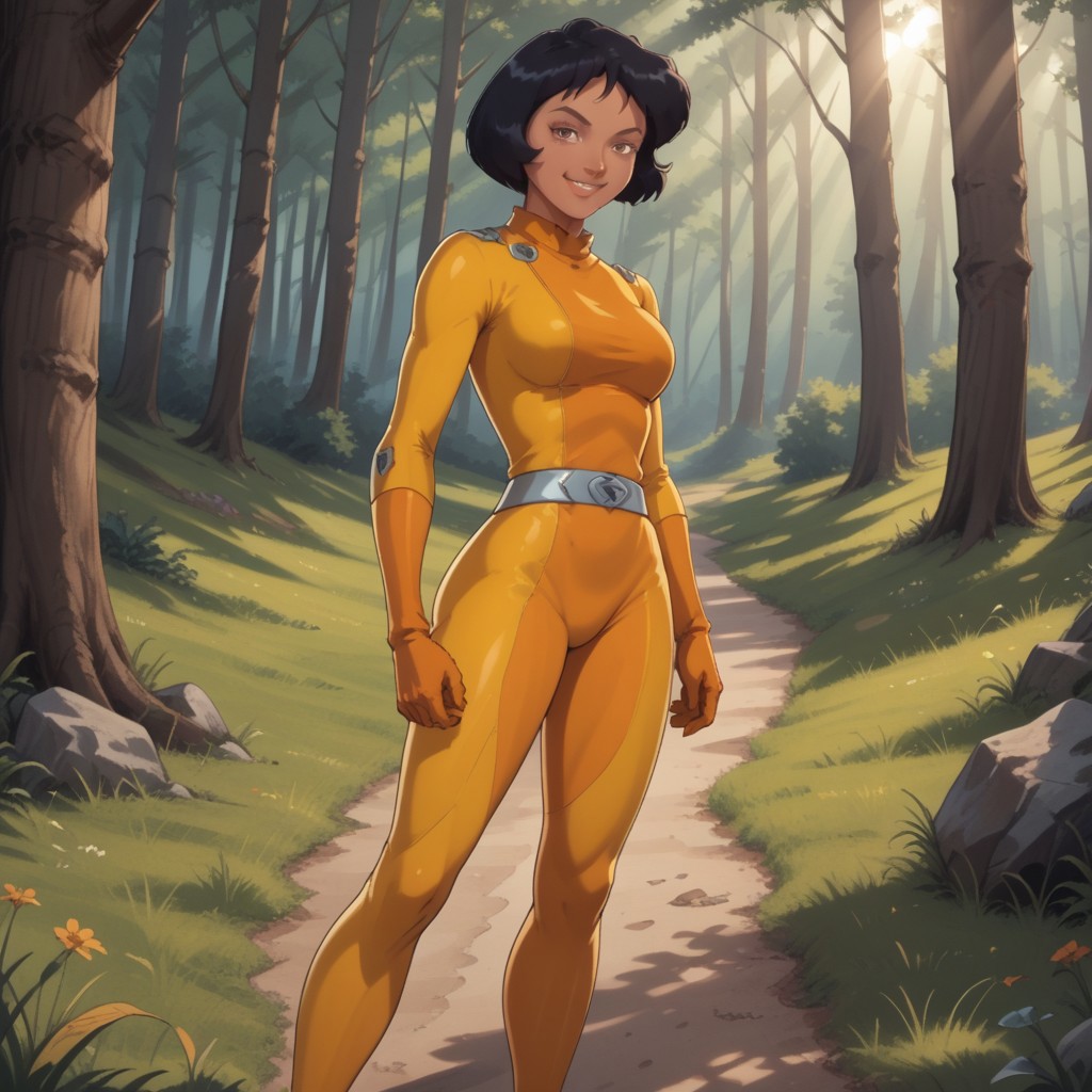 score_9, score_8, BREAK, solo, Alex_(Totally_Spies), short hair, black hair, bob cut, brown eyes, dark skin, dark skin female, yellow latex bodysuit, belt, skin tight, yellow gloves, high heels, sexy pose, self portrait, smile, looking at viewer, outdoors, sunlight, shadows, evening lighting, natural lighting, forest, trees, grass, orange sky, sunset