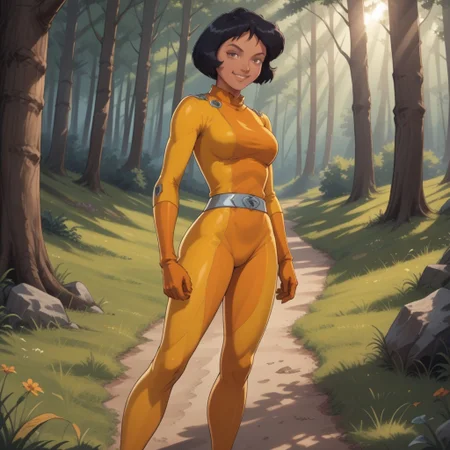 score_9, score_8, BREAK, solo, Alex_(Totally_Spies), short hair, black hair, bob cut, brown eyes, dark skin, dark skin female, yellow latex bodysuit, belt, skin tight, yellow gloves, high heels, sexy pose, self portrait, smile, looking at viewer, outdoors, sunlight, shadows, evening lighting, natural lighting, forest, trees, grass, orange sky, sunset
