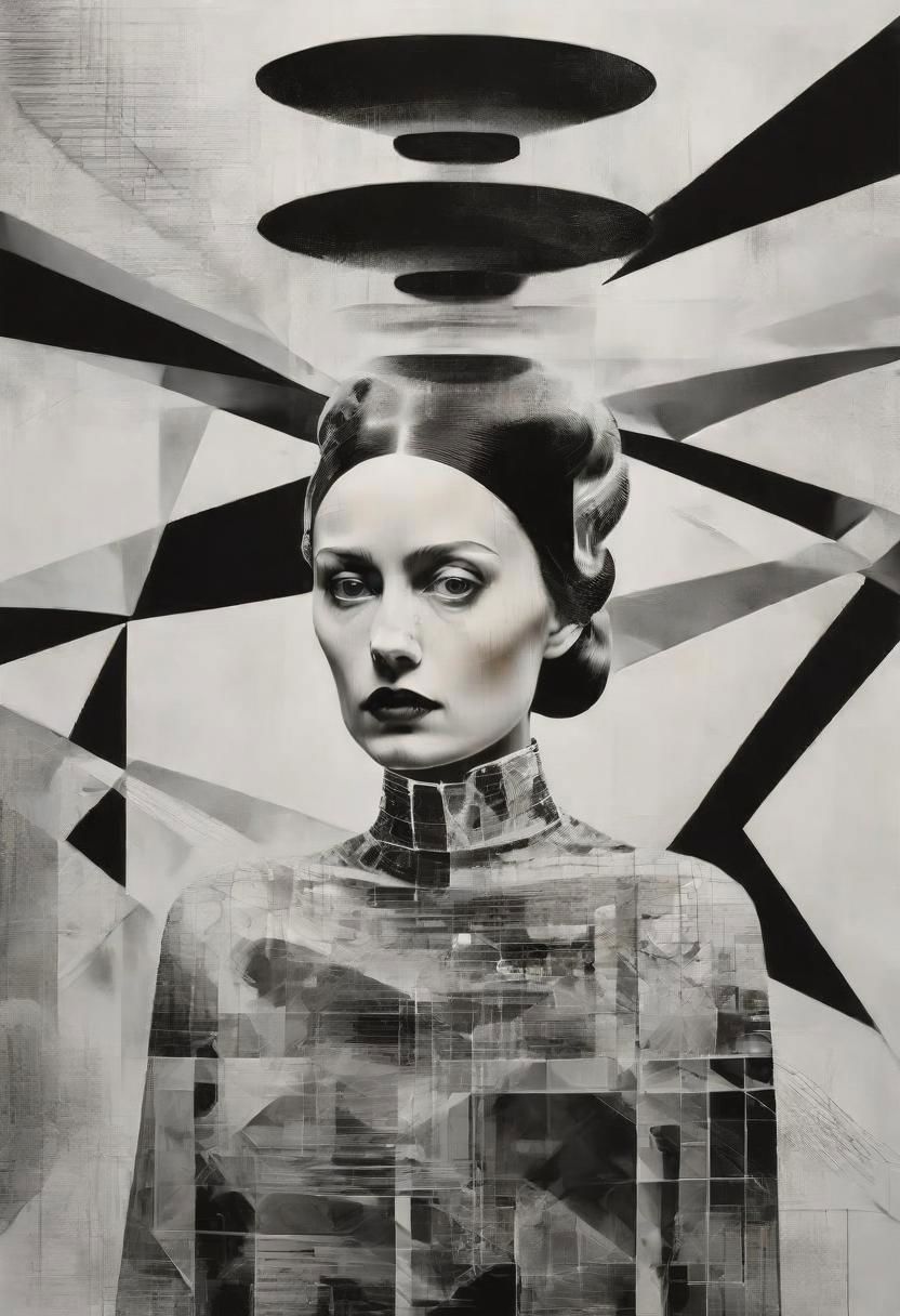 Monochrome black and white, Dali, Magritte, Delvaux, Bellmer, Malevitch, Rodchenko, Mondrian, Kandinsky, Popovna, psychedelic hallucination, pop surrealism, rough crosshatch drawing pop art Lunatic_Portrait of a young girl in latex, slick back, low bun, black makeup, sinister expression, intense glare, avant-garde, abstract, weird, geometric, constructivism, suprematism, rayonism, verticism, lineism, tj