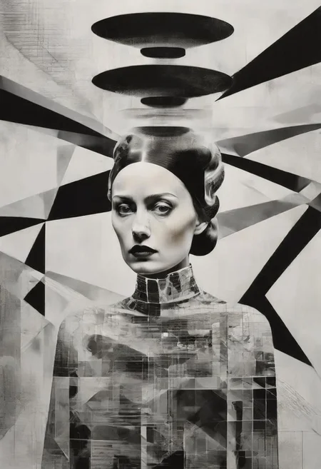 Monochrome black and white, Dali, Magritte, Delvaux, Bellmer, Malevitch, Rodchenko, Mondrian, Kandinsky, Popovna, psychedelic hallucination, pop surrealism, rough crosshatch drawing pop art Lunatic_Portrait of a young girl in latex, slick back, low bun, black makeup, sinister expression, intense glare, avant-garde, abstract, weird, geometric, constructivism, suprematism, rayonism, verticism, lineism, tj