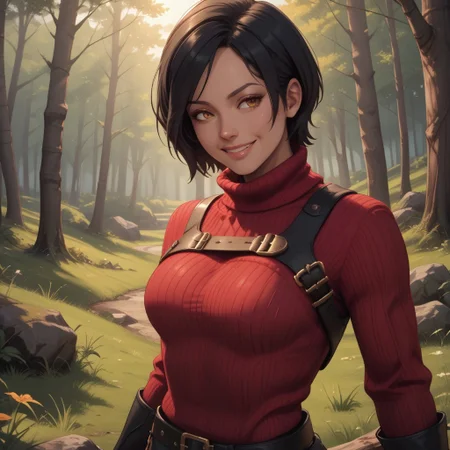 score_9, score_8, BREAK, solo, Ada, black hair, short hair, red sweater, pantyhose, black thigh boots, belt, sexy pose, self portrait, smile, outdoors, sunlight, shadows, evening lighting, natural lighting, forest, trees, grass, orange sky, sunset