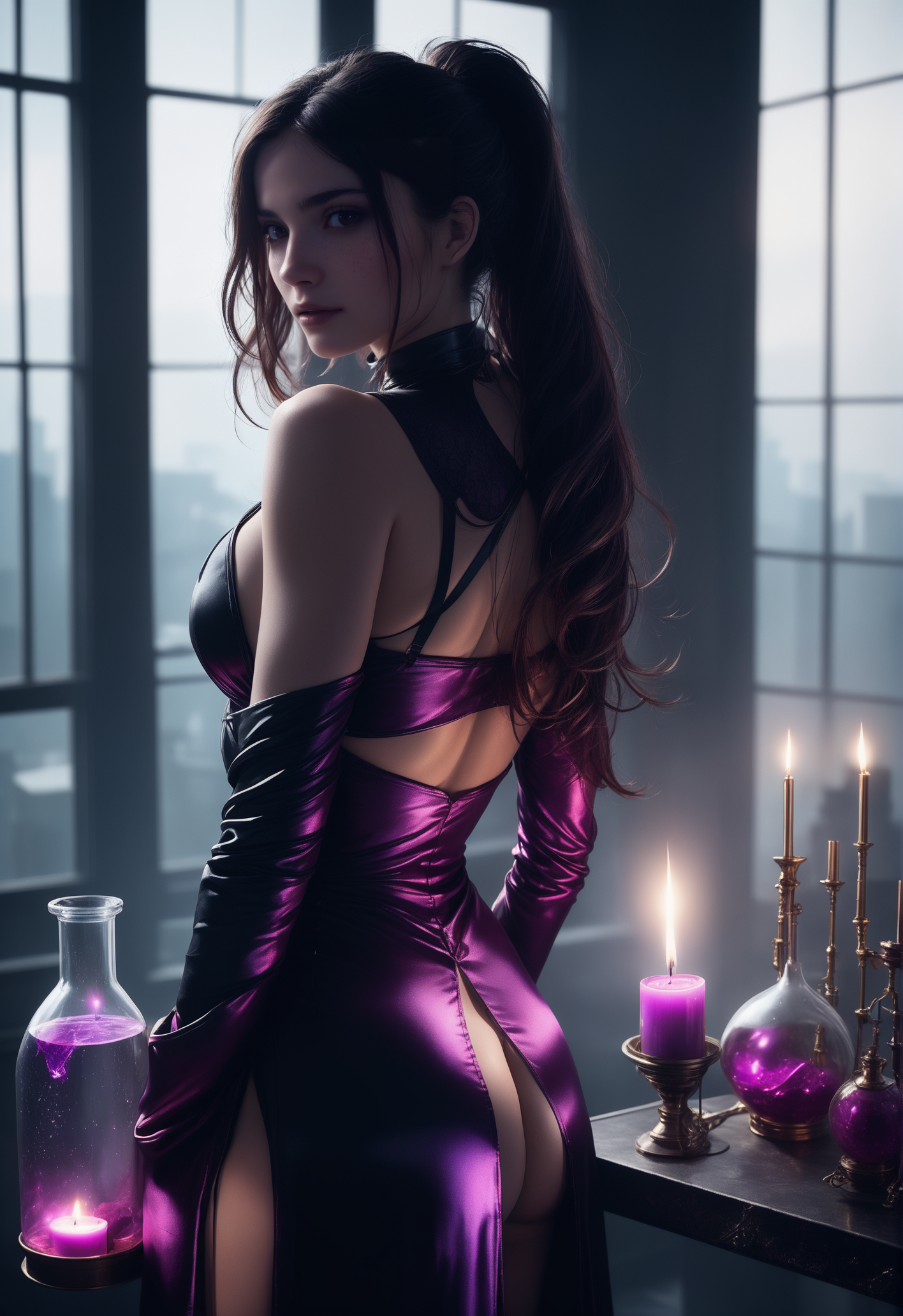 masterpiece, high quality,, Heijzel, black choker, satin dressing gown <lora:HeijzelSDXL-000005:0.85>,heijzel standing in a reij-mg alchemist room, dark ambient light,  <lora:reij-moderngothic-000006:0.7>, upper body