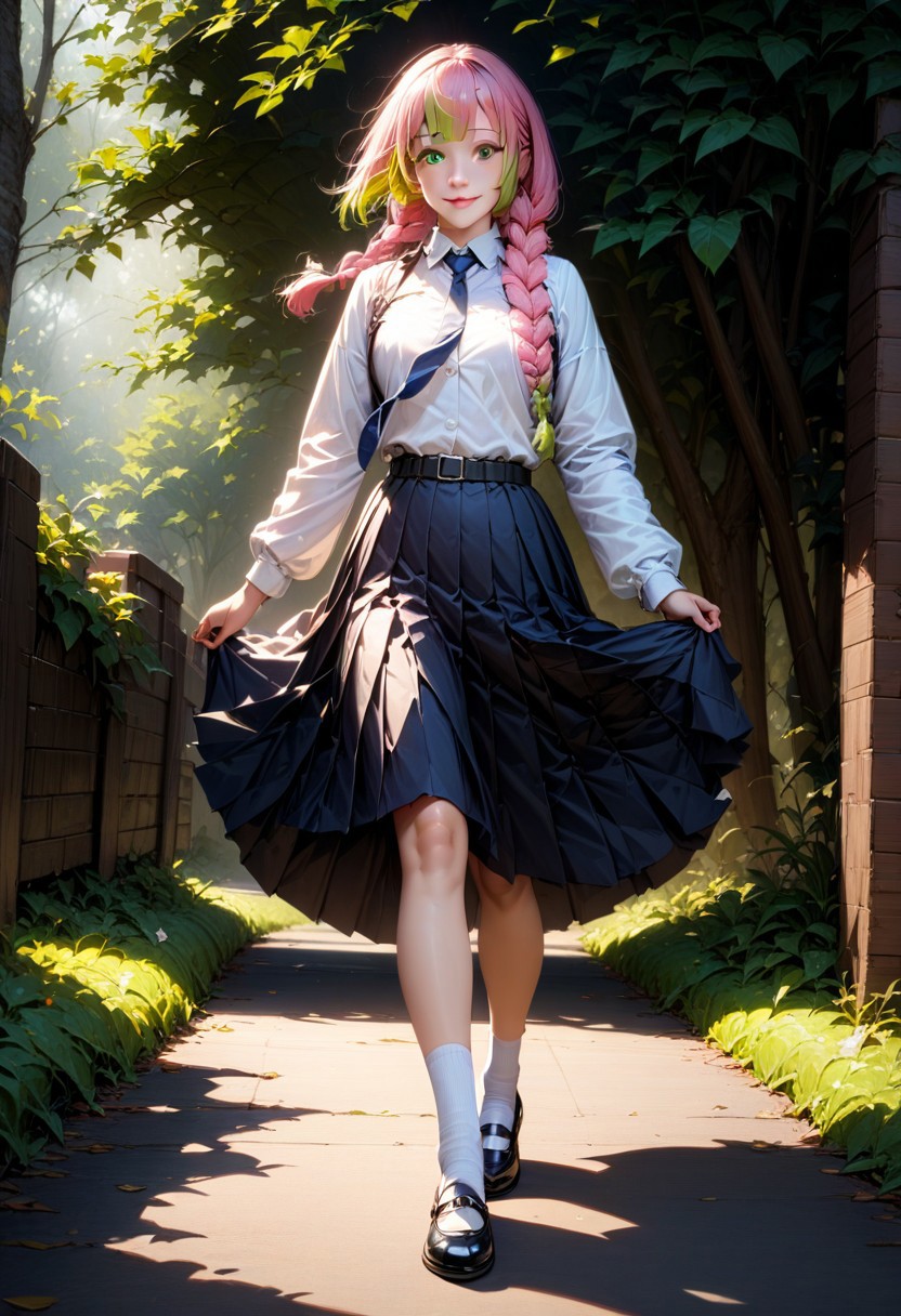 high-school girl, (mitsurikanroji, pink hair, multicolored hair, braid, green hair), smiling and gentle posing at park, wearing white long puff sleeves collared shirt with navy-blue tie, navy-blue tie pleated pencil long skirt, black belt with silver buckle, white socks ,black mary-jane shoes, white ribbons, BREAK, (1girl, solo, full body), (best quality,4k,8k,highres,masterpiece:1.2),ultra-detailed,(realistic,photo-realistic:1.37),extremely detailed eyes and face,longeyelashes,beautiful detailed lips,beautiful detailed eyes,cinematic lighting,moody lighting,dramatic shadows,vibrant colors