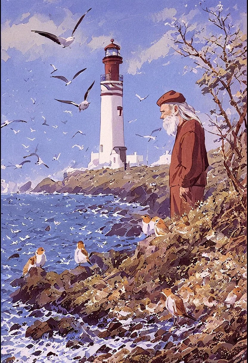 old man near the lighthouse, sentimental, by charles tunicliffe, painting, nature, birds