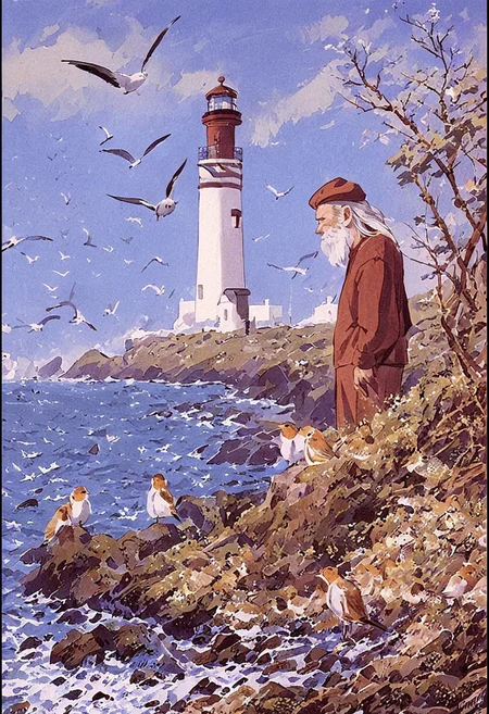 old man near the lighthouse, sentimental, by charles tunicliffe, painting, nature, birds