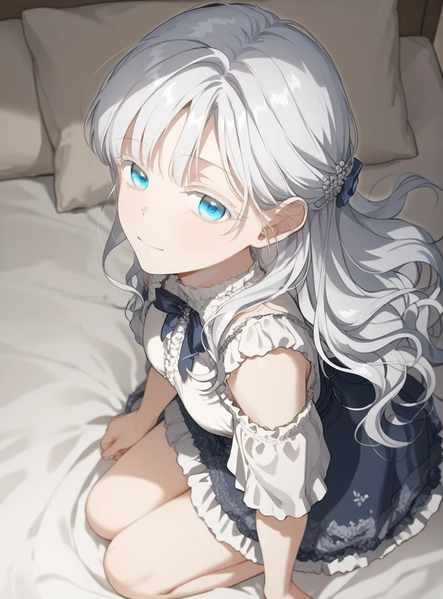 score_9_up, score_8_up, score_7_up, (Anime_source), 1girl, suprised, kneeling on bed, looking at viewer, from side, from above, dress <lora:Aisha_Del_Elmir_-_Into_the_Light_Once_Again:1> aisha del elmir, 1girl, blue eyes, white hair, long hair, medium breasts, white eyeslash, bangs, mature