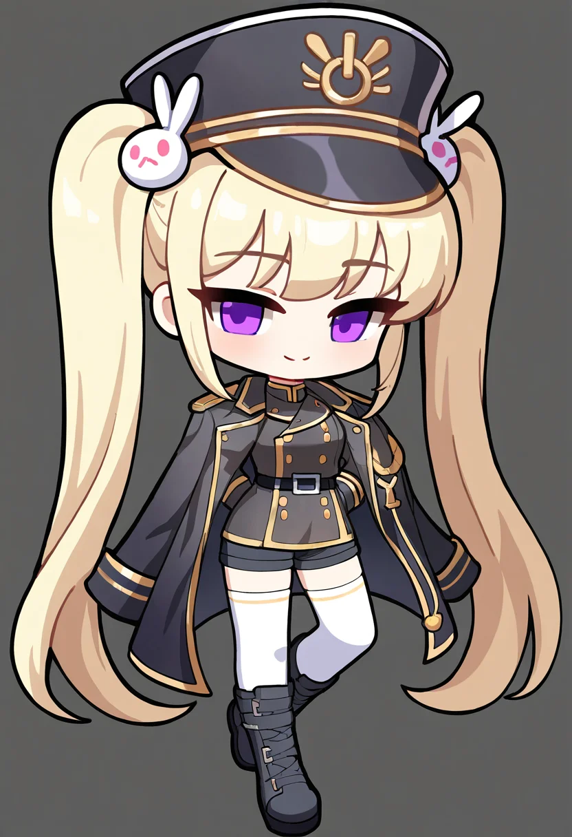 masterpiece, best quality, newest, absurdres, highres,chibi,orchid_(maplestory),1girl, solo, twintails, thighhighs, purple eyes, hat, long hair, smile, shorts, jacket, jacket on shoulders, white thighhighs, boots, full body, simple background, looking at viewer, grey background, hair ornament, blonde hair, black jacket, rabbit hair ornament, very long hair, uniform, military uniform, military, black footwear, white hair,<lora:maplestory-000011prodigy:1>