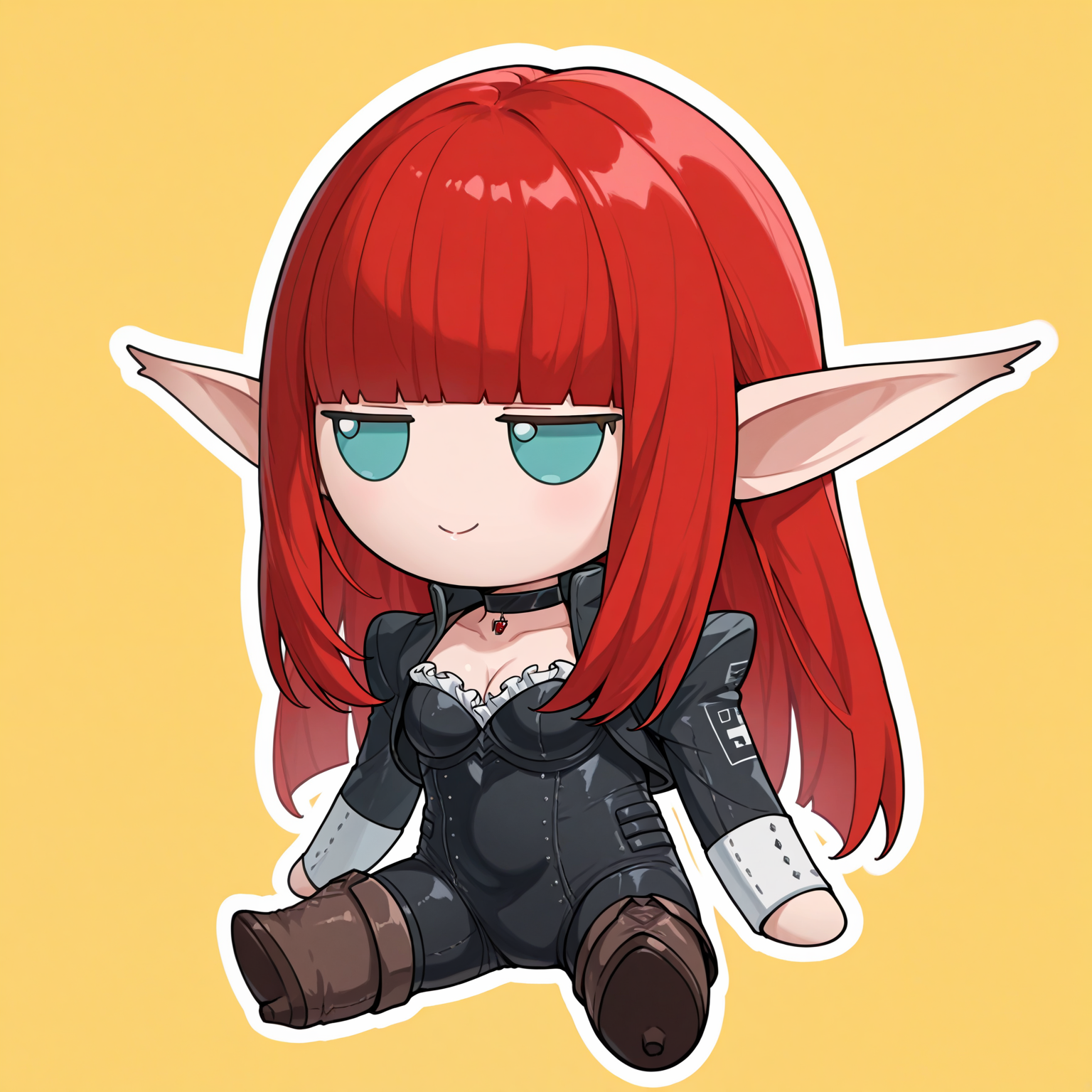 masterpiece, best quality, no humans, solo, chibi, sitting, fumo \(doll\), smile, <lora:HulkenbergMR-illu:1> csHbrg, red hair, long hair, blunt bangs, sidelocks, aqua eyes, pointy ears, black choker, pendant choker, collarbone, cleavage, black bodysuit, frills, black jacket, cropped jacket, open jacket, long sleeves, ankle boots, high heel boots, brown footwear, yellow background, white outline