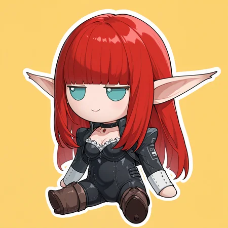 masterpiece, best quality, no humans, solo, chibi, sitting, fumo \(doll\), smile, <lora:HulkenbergMR-illu:1> csHbrg, red hair, long hair, blunt bangs, sidelocks, aqua eyes, pointy ears, black choker, pendant choker, collarbone, cleavage, black bodysuit, frills, black jacket, cropped jacket, open jacket, long sleeves, ankle boots, high heel boots, brown footwear, yellow background, white outline