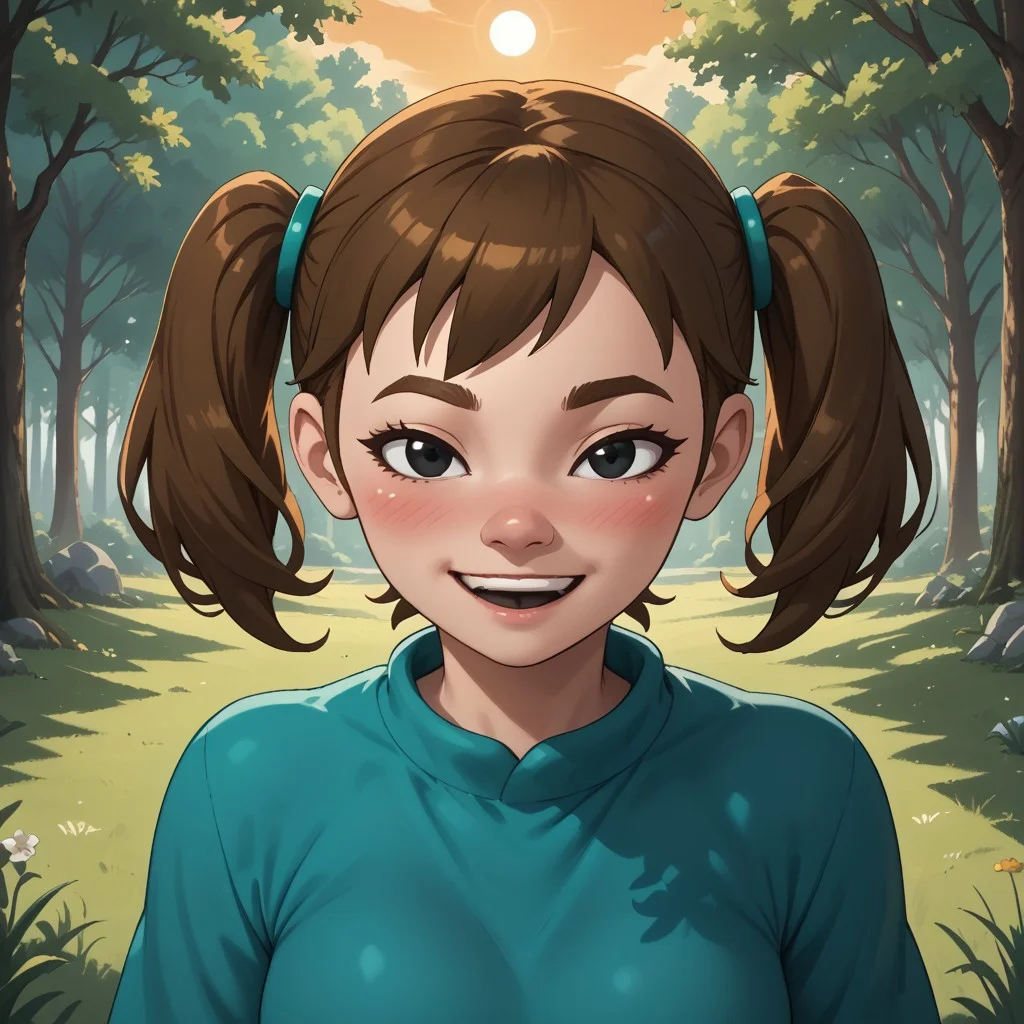 score_9, score_8, BREAK, solo, Mii, Wii, Black Eyes, Half circle eyebrows, big nose, half circle nose, blush, white skin, open mouth, green-ish brown hair, twintails, dark green clothing, 1girl, female mii, Wii Sports Resort, black pants, shoes, cute, medium breasts, Midori_(\Wii_Sports_Resort\), teeth, Nintendo Mii, modern_mii, classic_mii, sexy pose, self portrait, smile, outdoors, sunlight, shadows, evening lighting, natural lighting, forest, trees, grass, orange sky, sunset