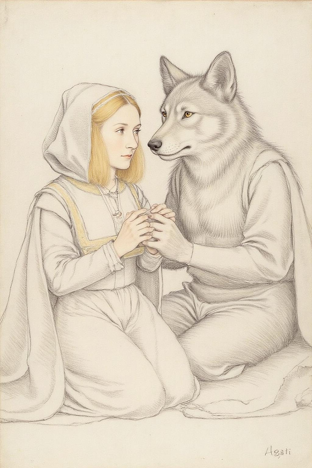 hansho1 monochromatic pencil drawing,
A blonde woman dressed as Little Red Riding Hood, sitting on the ground, sharing a joint with the Big Bad Wolf. 
 <lora:hansho2_nocap_d6a3e12:1.0><lora:817334389835877242:0>