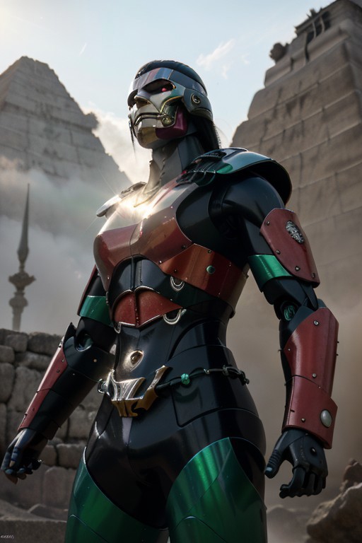 ((masterpiece)), ((best quality)), 8k, ultra-detailed, futuristic android robot, half-body photo, military tech project inspired by Mexican culture, (vibrant green, white, and red color scheme), intricate Aztec and Mayan patterns engraved on the armor, glowing emerald green eyes, dynamic and powerful pose, elements of ancient warrior symbolism incorporated into the design, feathered details resembling Quetzalcoatl, (simple background: ancient pyramids or modern city street), cinematic lighting, mist and sun rays breaking through, merging ancient heritage with futuristic technology, sharp focus, detailed background,real robot,epic mecha, chrometech
