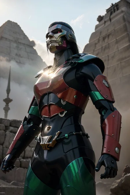 ((masterpiece)), ((best quality)), 8k, ultra-detailed, futuristic android robot, half-body photo, military tech project inspired by Mexican culture, (vibrant green, white, and red color scheme), intricate Aztec and Mayan patterns engraved on the armor, glowing emerald green eyes, dynamic and powerful pose, elements of ancient warrior symbolism incorporated into the design, feathered details resembling Quetzalcoatl, (simple background: ancient pyramids or modern city street), cinematic lighting, mist and sun rays breaking through, merging ancient heritage with futuristic technology, sharp focus, detailed background,real robot,epic mecha, chrometech