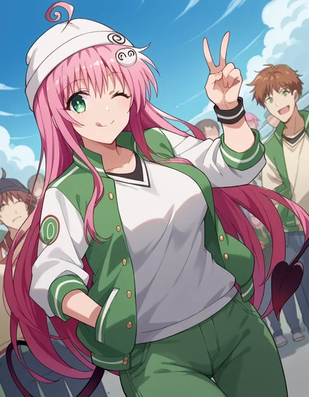 score_9, score_8_up, score_7_up, source_anime, <lora:lala-deviluke-darkness-ponyxl-lora-nochekaiser:1>, lala deviluke, long hair, pink hair, tail, ahoge, bangs, hair ornament, green eyes, demon tail, large breasts, <lora:letterman-jacket-ponyxl-lora-nochekaiser:1>, letterman jacket, jacket,, outdoors, crowd, people, v, v over eye, one eye closed, tongue out, smile, beanie, pants, open clothes, open jacket,, cowboy shot, solo, looking at viewer, dutch angle,