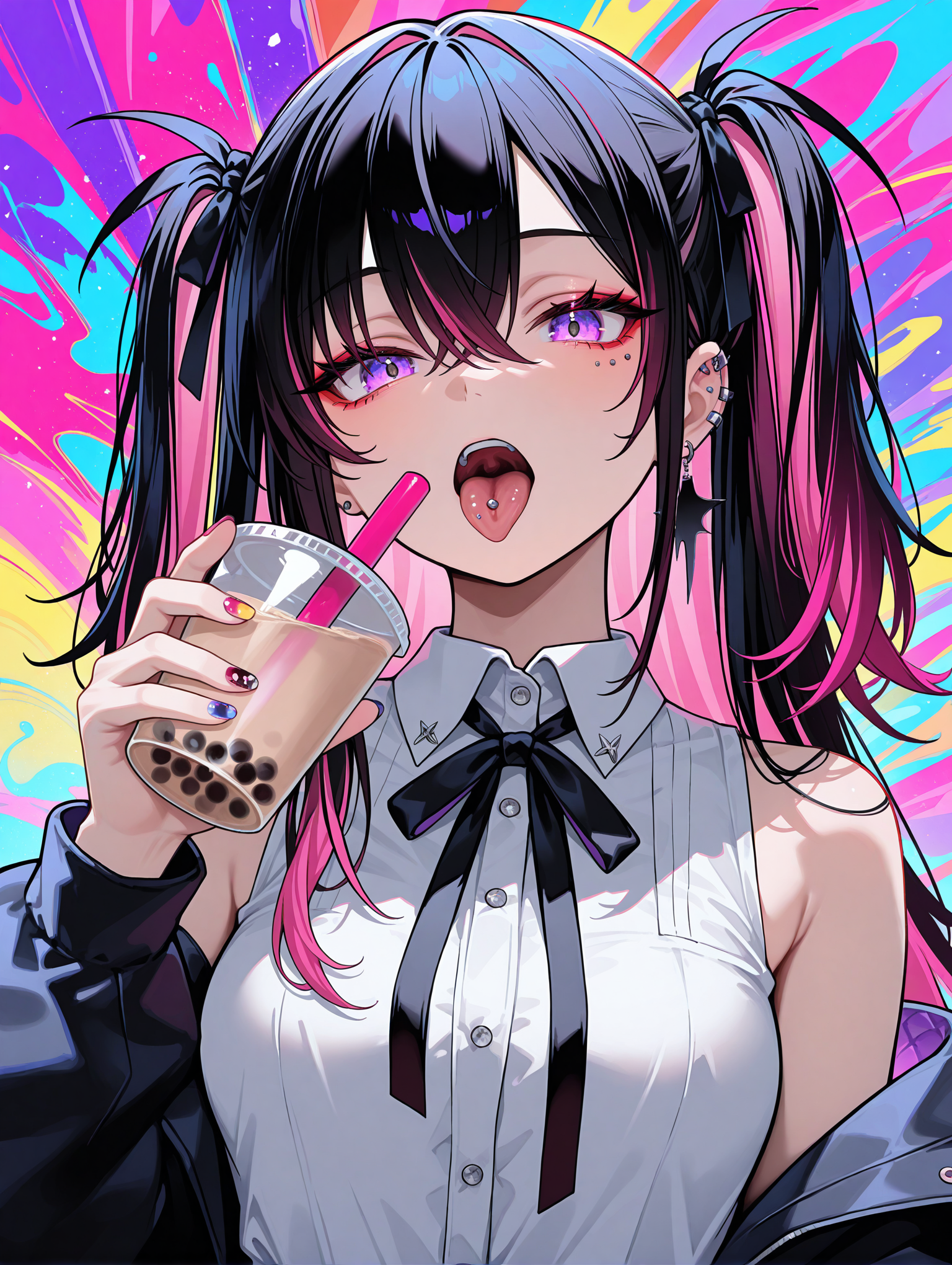 sg punk,1girl,solo,multicolored hair,black hair,pink hair,long hair,two side up,hair between eyes,purple eyes,expressionless,open mouth,tongue out,tongue piercing,medium breasts,collared shirt,white shirt,black ribbon,jewelry,sleeveless,bare shoulders,open jacket,upper body,holding,holding bubble tea,fingernails,multicolored nails,nail polish,colorful,multicolored background,masterpiece,best quality,newest,absurdres,highres,very awa, <lora:sg_punk_ilxl_v01:1>