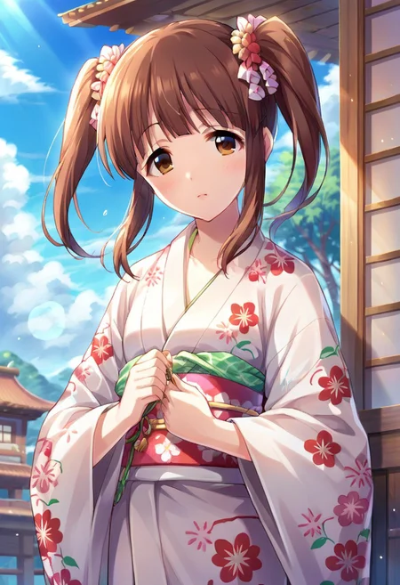 score_9, score_8_up, score_7_up, source_anime,ogata chieri, brown hair, twintails, brown eyes,1girl, solo, japanese clothes, yukata, sakura festival
