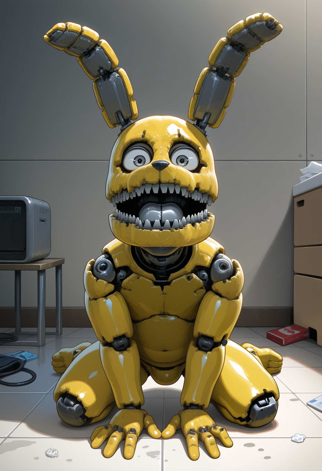masterpiece,best quality, amazing quality, 1boy, solo, plushtr4p, robot bunny boy, grey eye, yellow skin, yellow chest, full body,